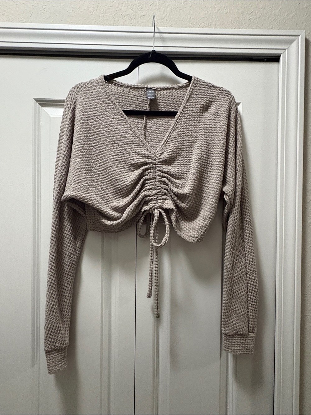 SHEIN Beige Waffle-Knit Drawstring Cropped Long Sleeve Top
